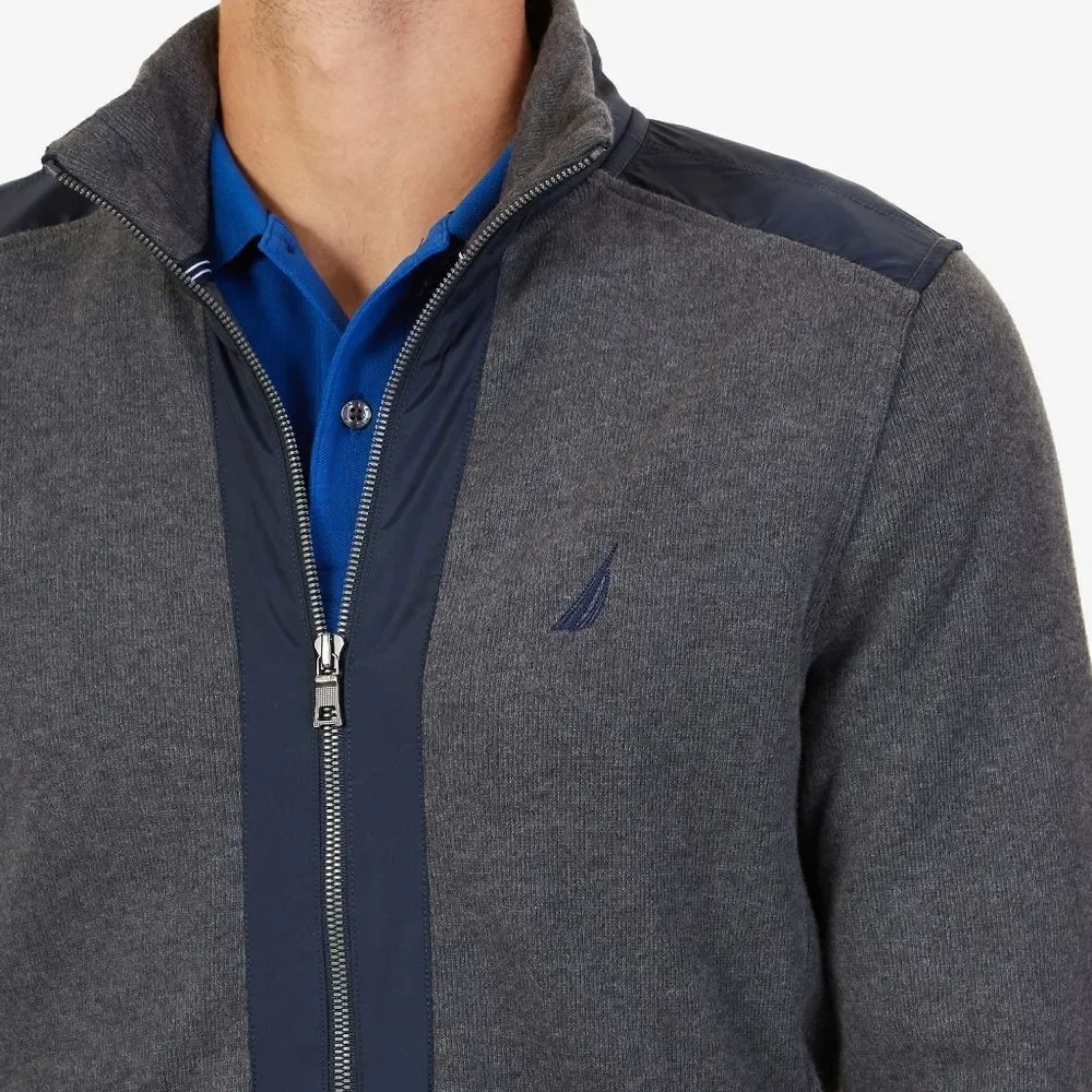 New! NAUTICA Mixed Media Men's Gray Sweater Jacket Full-Zip 100% Cotton XXL 2XL